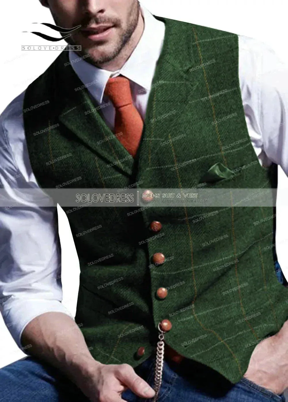 Army Green Vest Plaid Soft Wool Jacket for Gentleman's Wedding       .