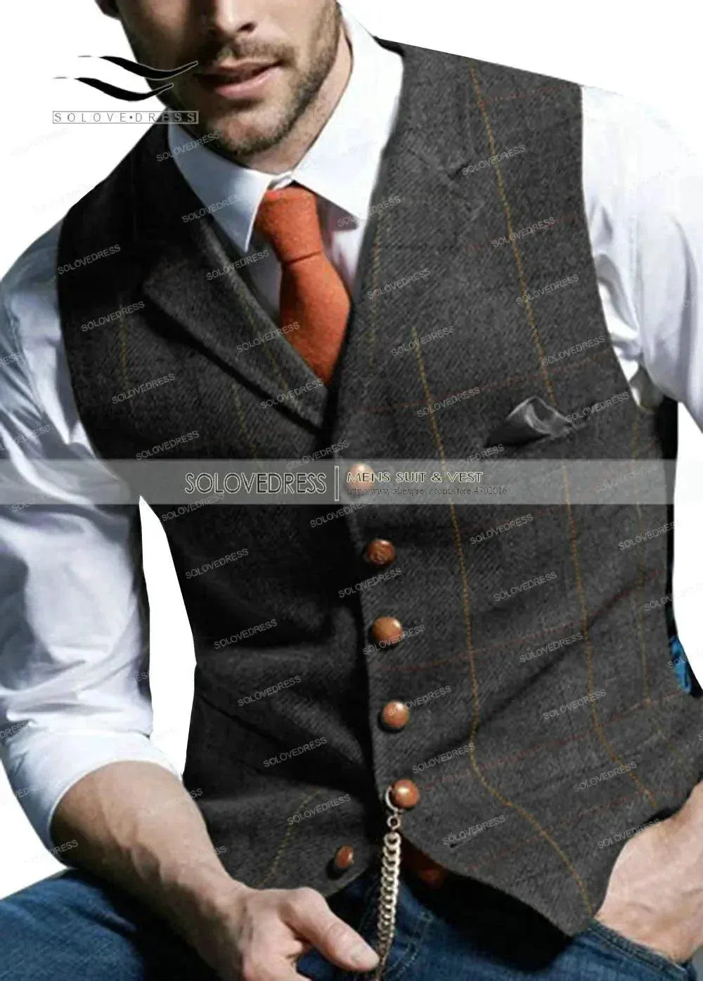 Army Green Vest Plaid Soft Wool Jacket for Gentleman's Wedding       .