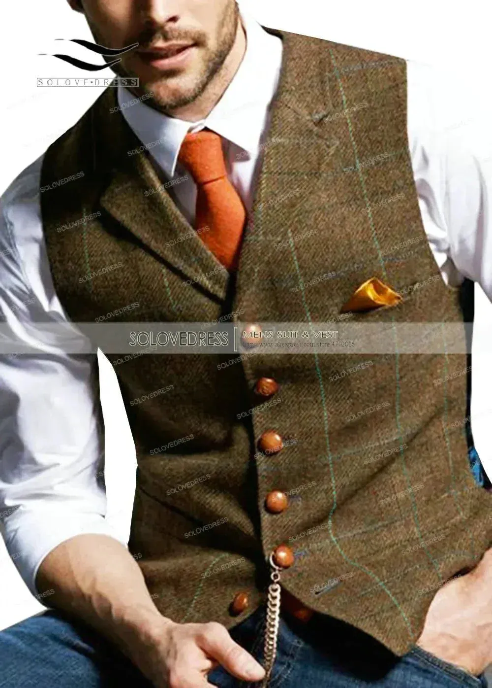 Army Green Vest Plaid Soft Wool Jacket for Gentleman's Wedding       .