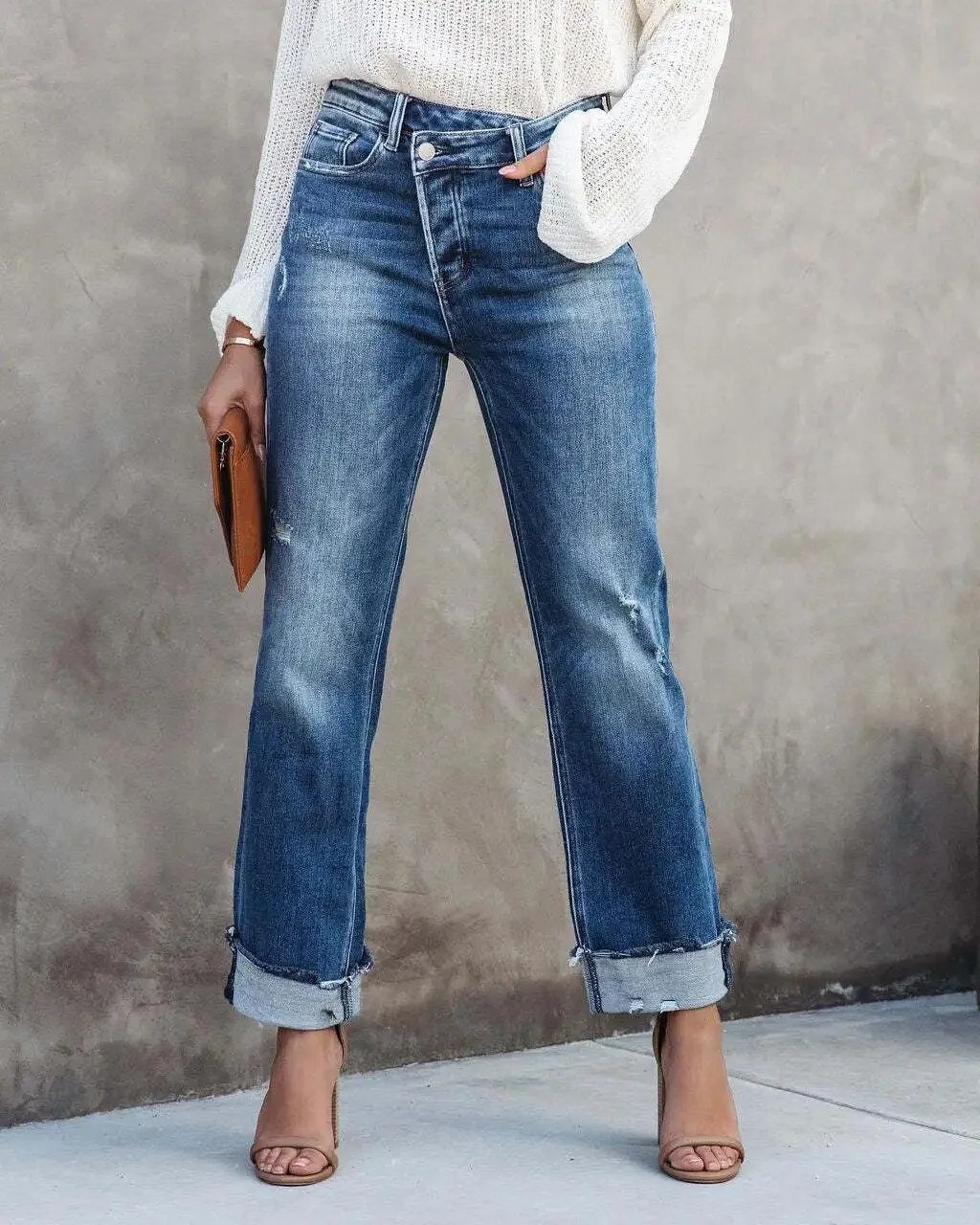 ASYMMETRICAL HIGH-WAIST FRAYED DENIM ANKLE PANTS