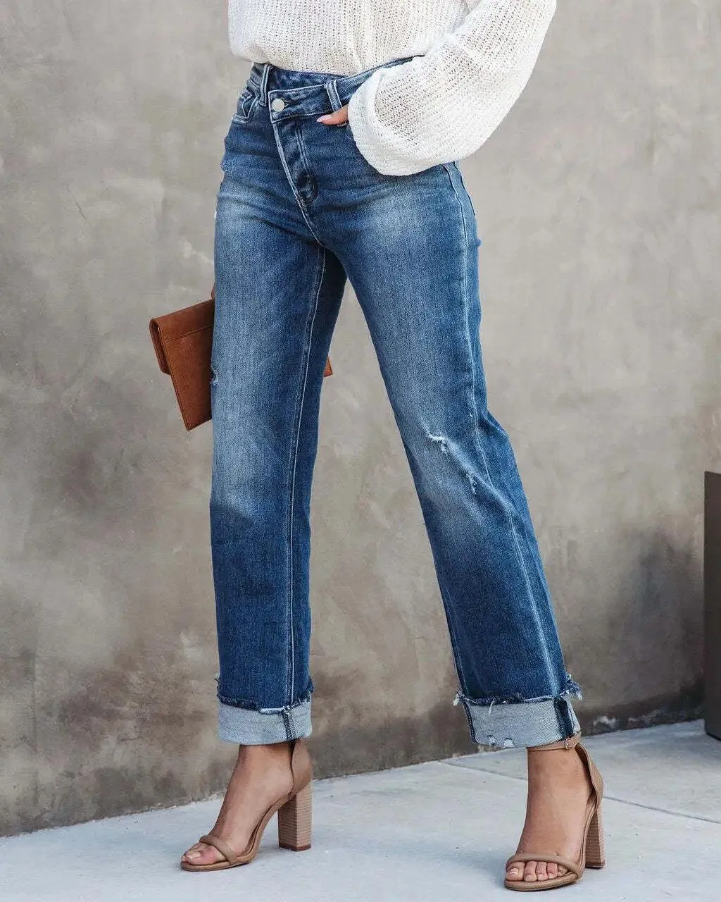 ASYMMETRICAL HIGH-WAIST FRAYED DENIM ANKLE PANTS