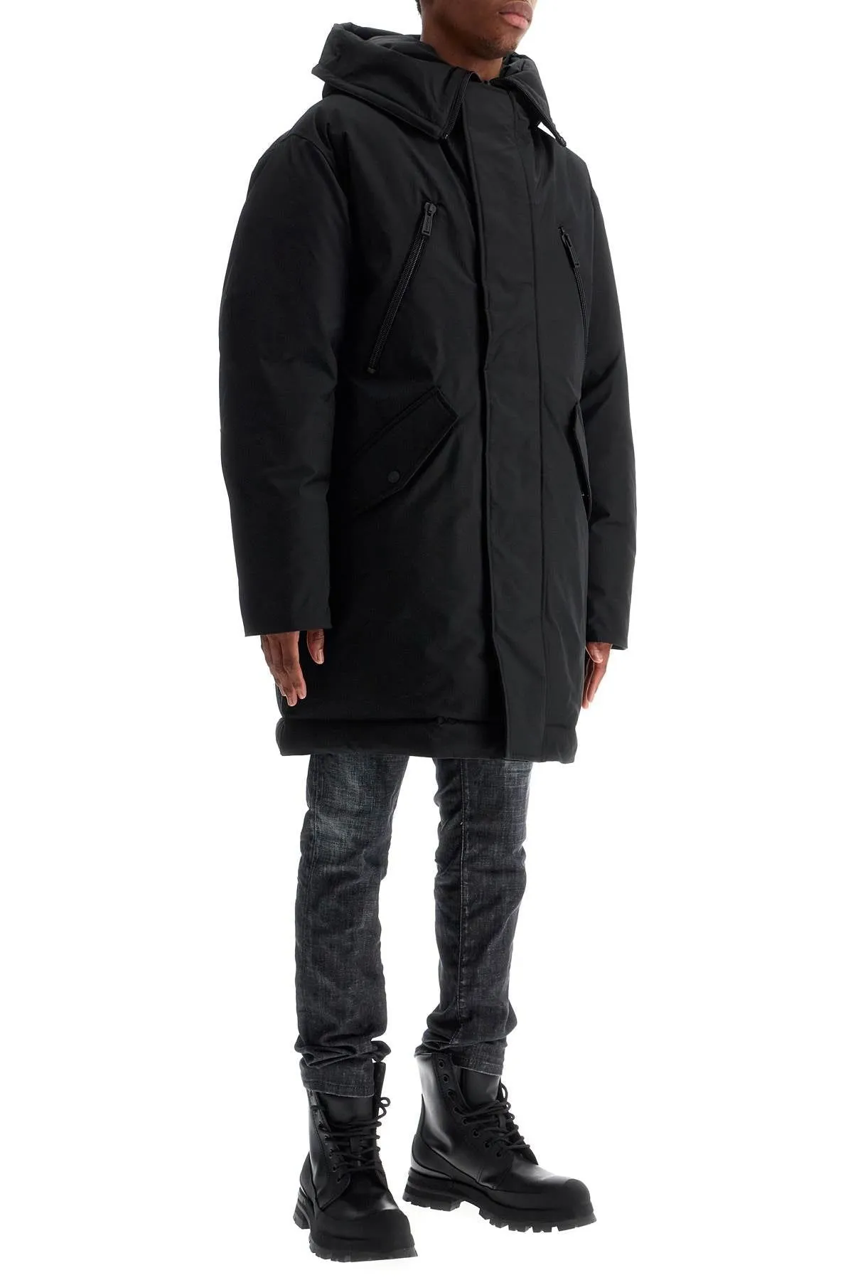 BLACK TECHNO DOWN POLYESTER PARKA WITH HOOD