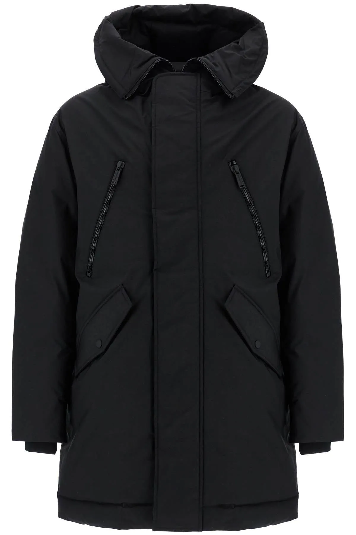 BLACK TECHNO DOWN POLYESTER PARKA WITH HOOD