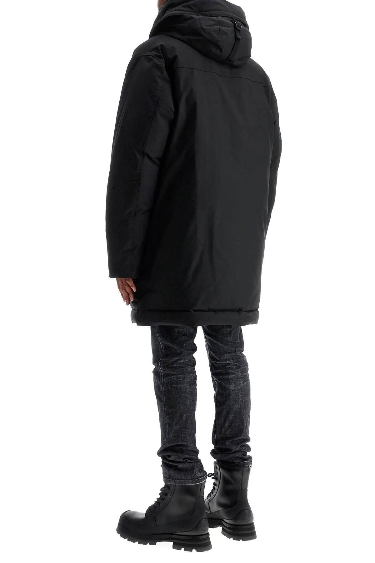 BLACK TECHNO DOWN POLYESTER PARKA WITH HOOD