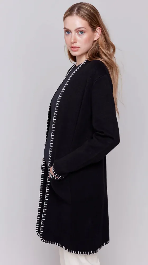 Blanket Stitch Long Cardigan - Black