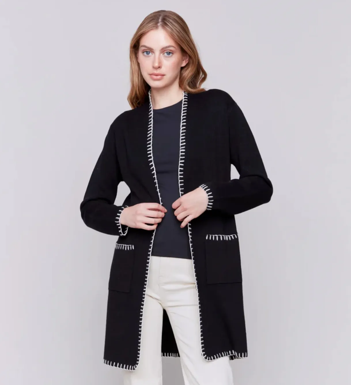 Blanket Stitch Long Cardigan - Black