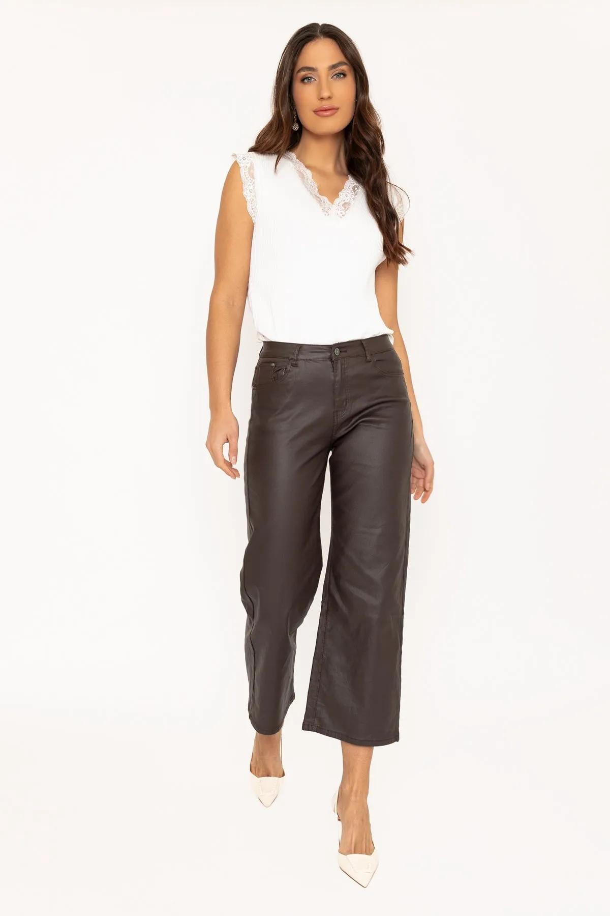 Brown Wide Leg Faux Leather Jeans