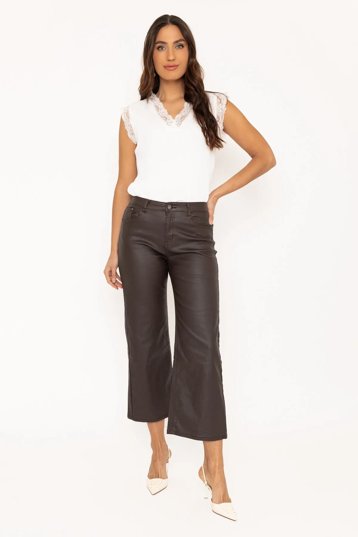 Brown Wide Leg Faux Leather Jeans