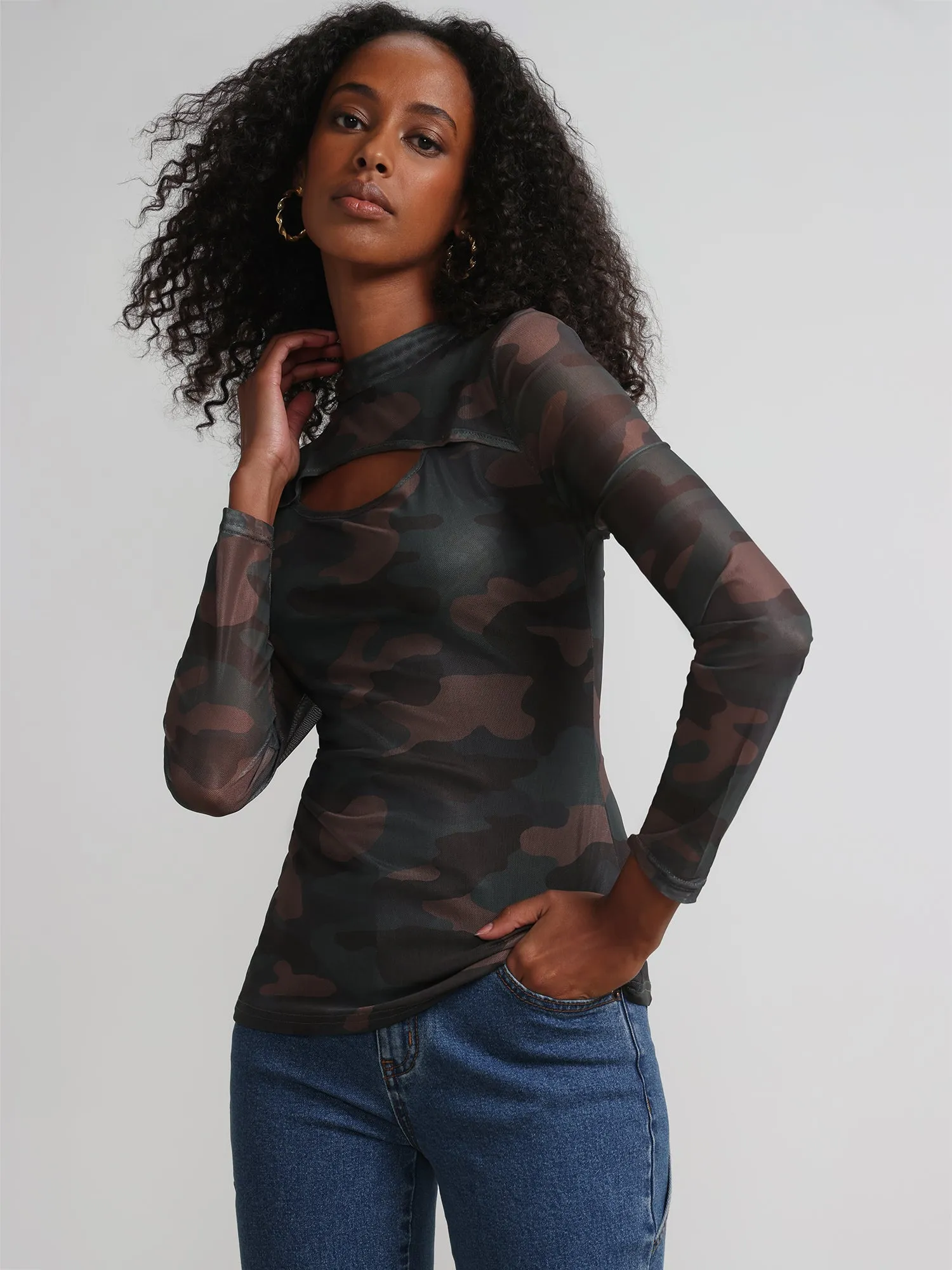 Camouflage Cut-Out Mock-Neck Top