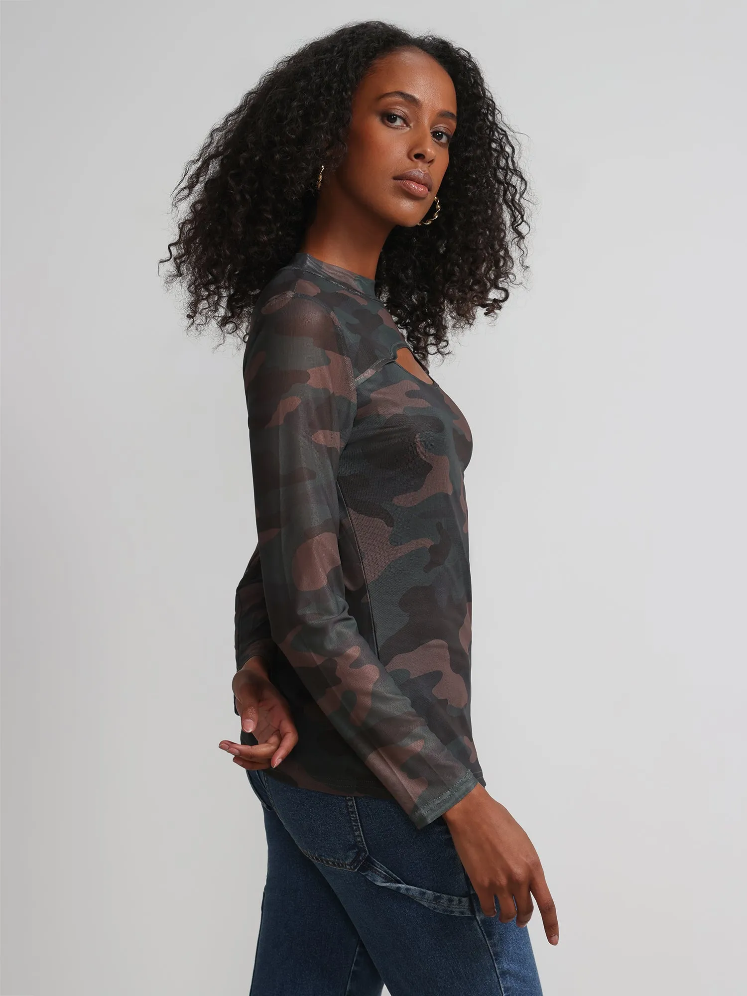 Camouflage Cut-Out Mock-Neck Top