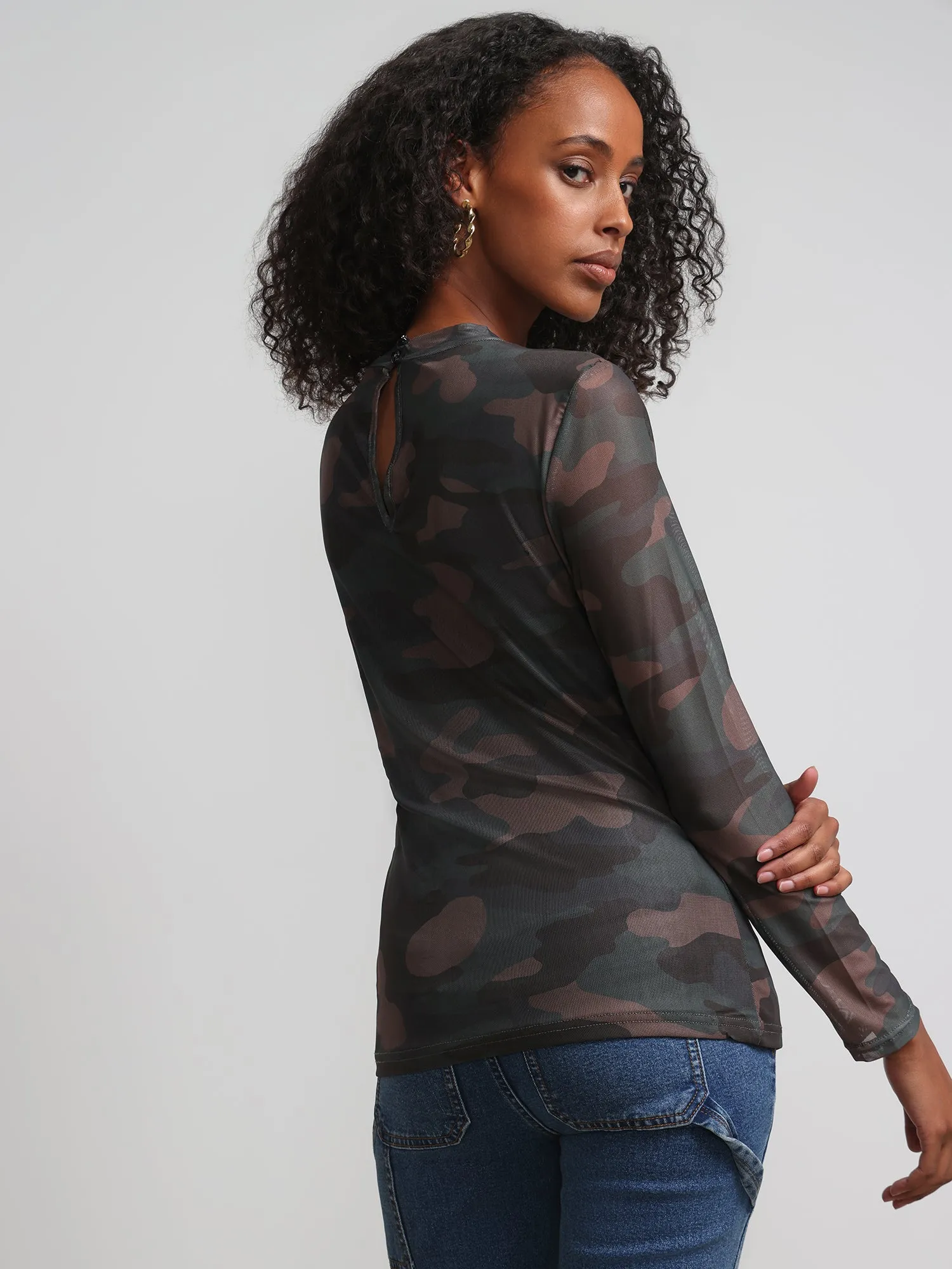 Camouflage Cut-Out Mock-Neck Top