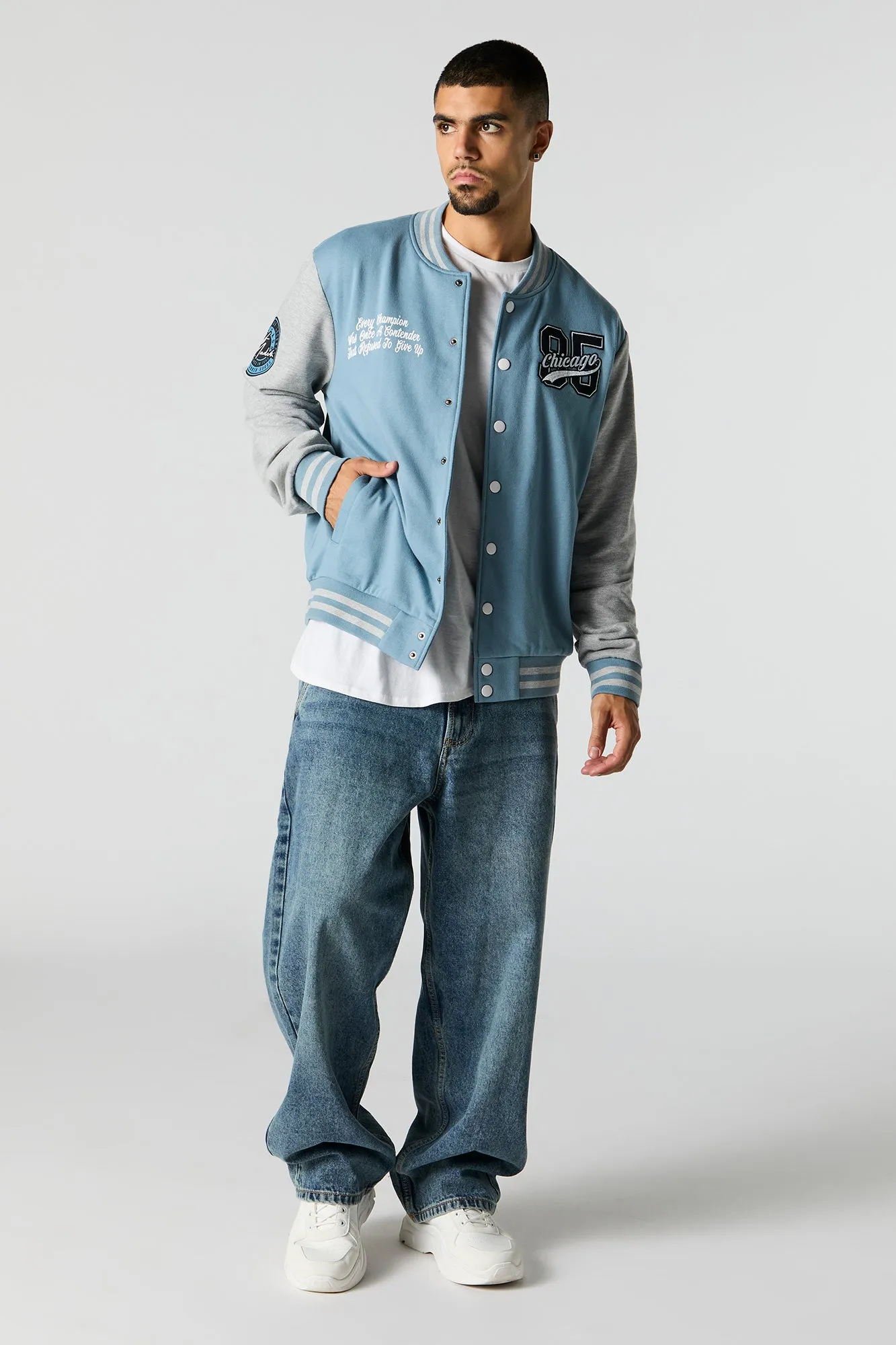 City Embroidered Fleece Varsity Jacket