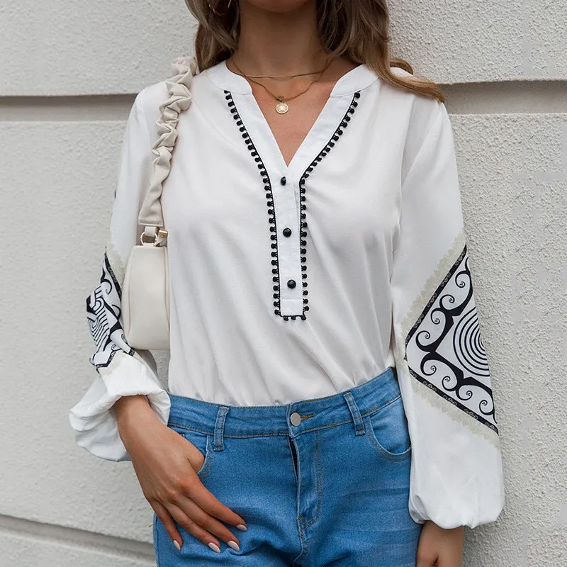 Contrast Half Button Balloon Sleeve Blouse