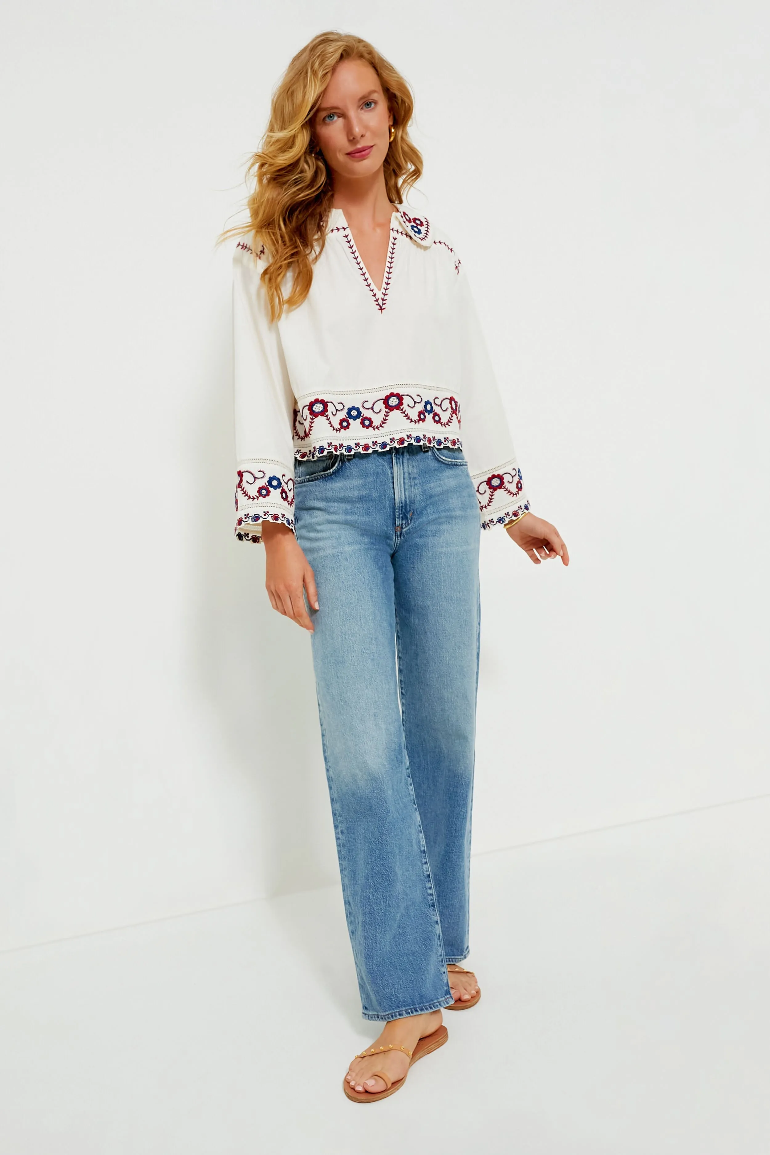 Cream Multi Soren Embroidery Long Sleeve Top