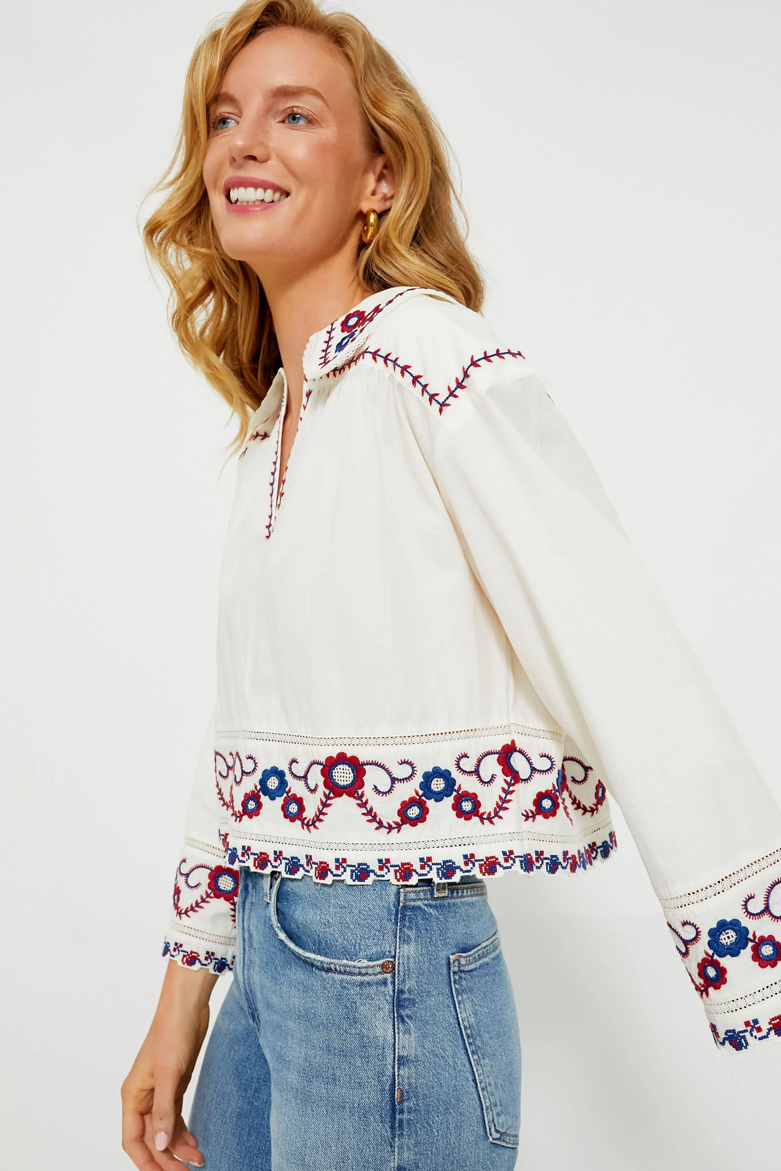 Cream Multi Soren Embroidery Long Sleeve Top