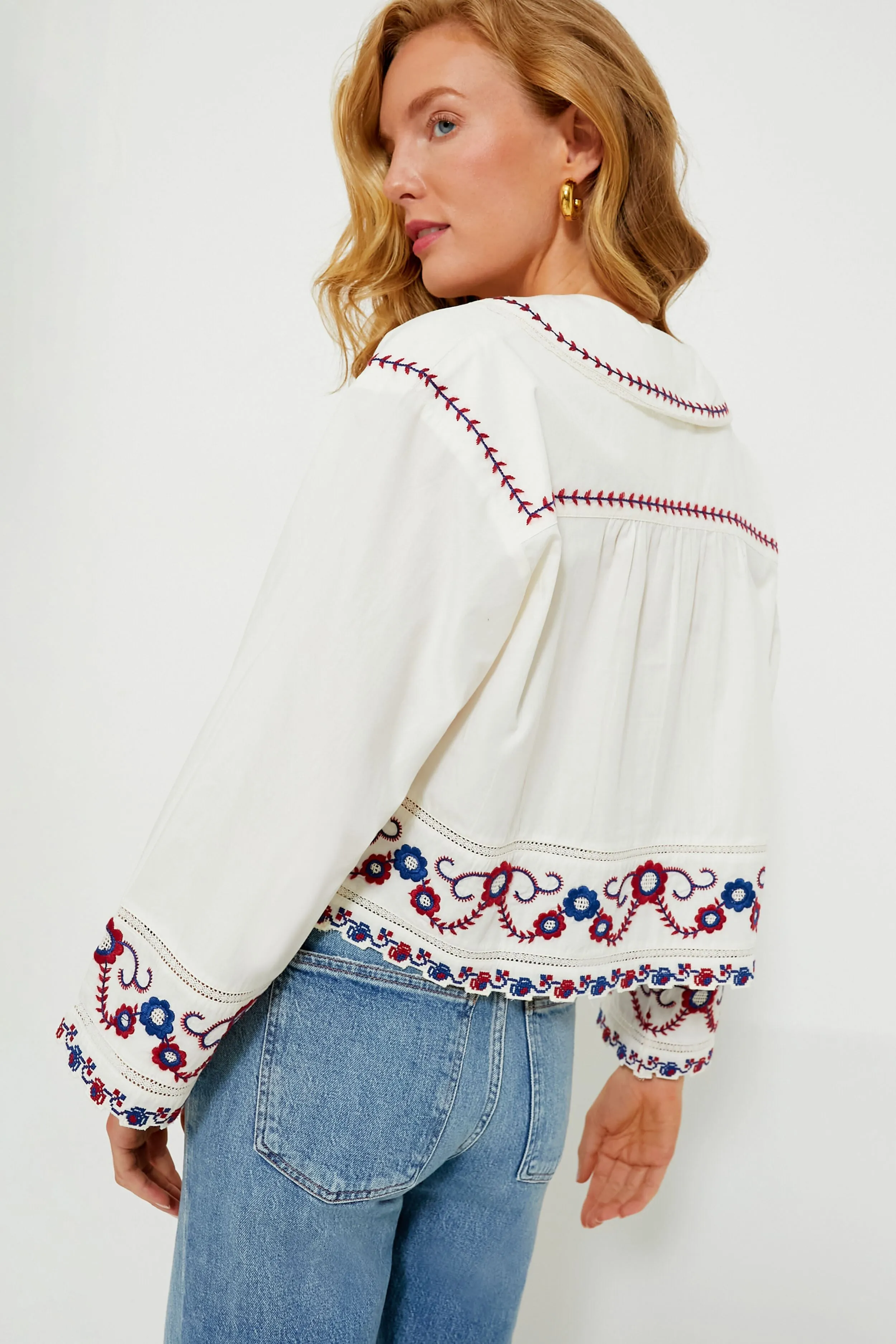 Cream Multi Soren Embroidery Long Sleeve Top