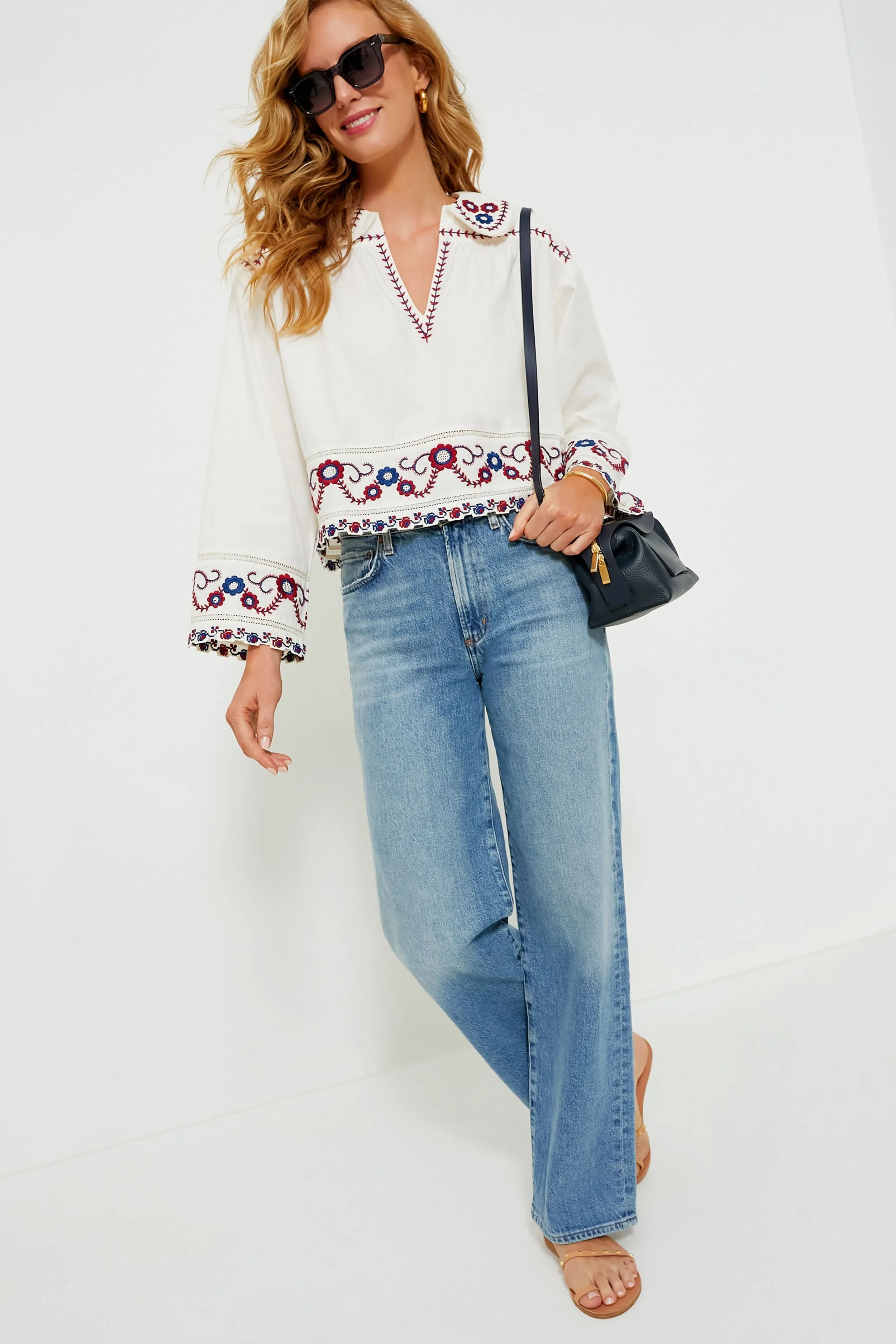 Cream Multi Soren Embroidery Long Sleeve Top