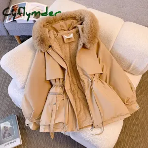 Cyflymder Fleece Lined Hood Down Jacket Winter Coat for Women Warm Drawstring Padded Parkas Korean Casual Streetwear Female Puffer Outwear