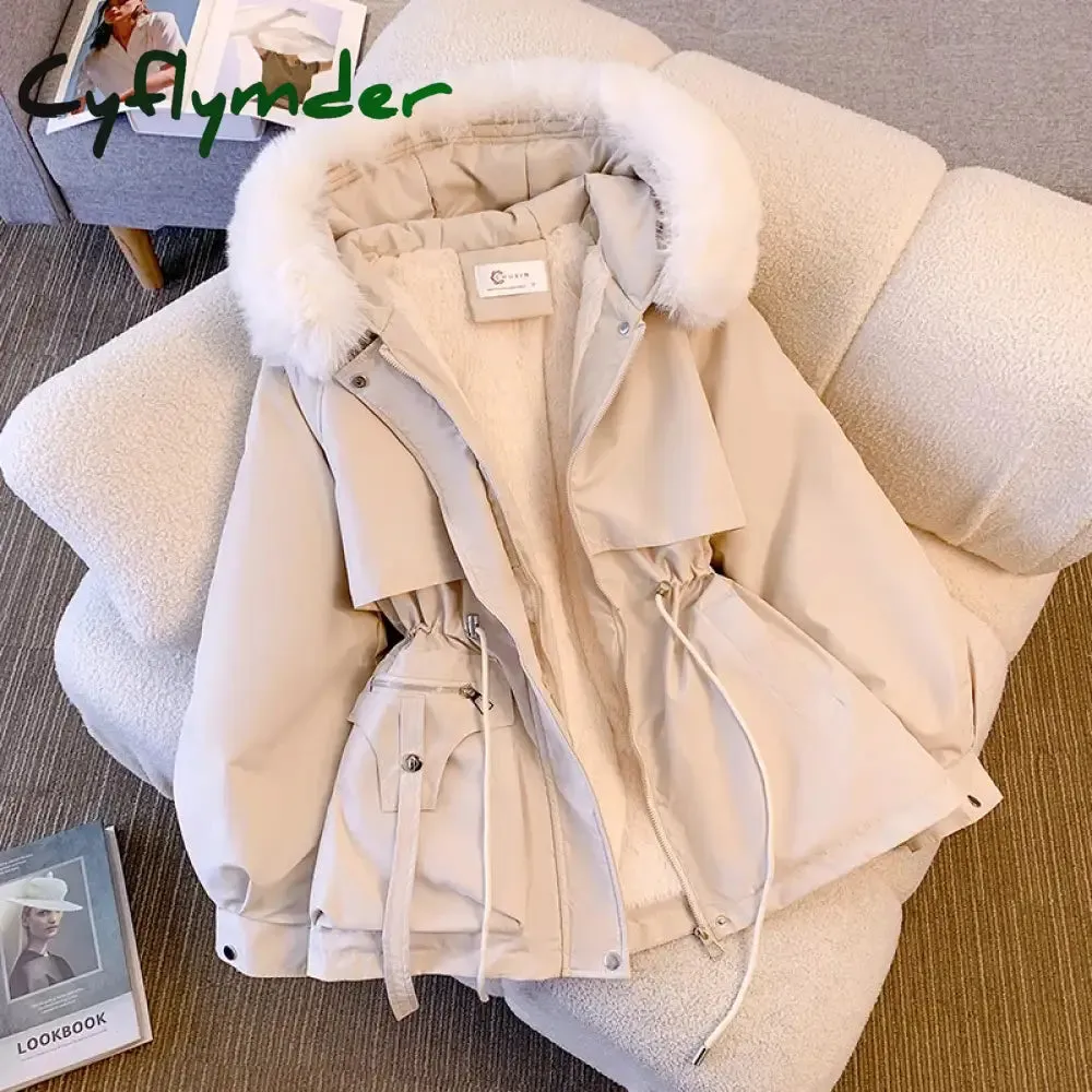 Cyflymder Fleece Lined Hood Down Jacket Winter Coat for Women Warm Drawstring Padded Parkas Korean Casual Streetwear Female Puffer Outwear