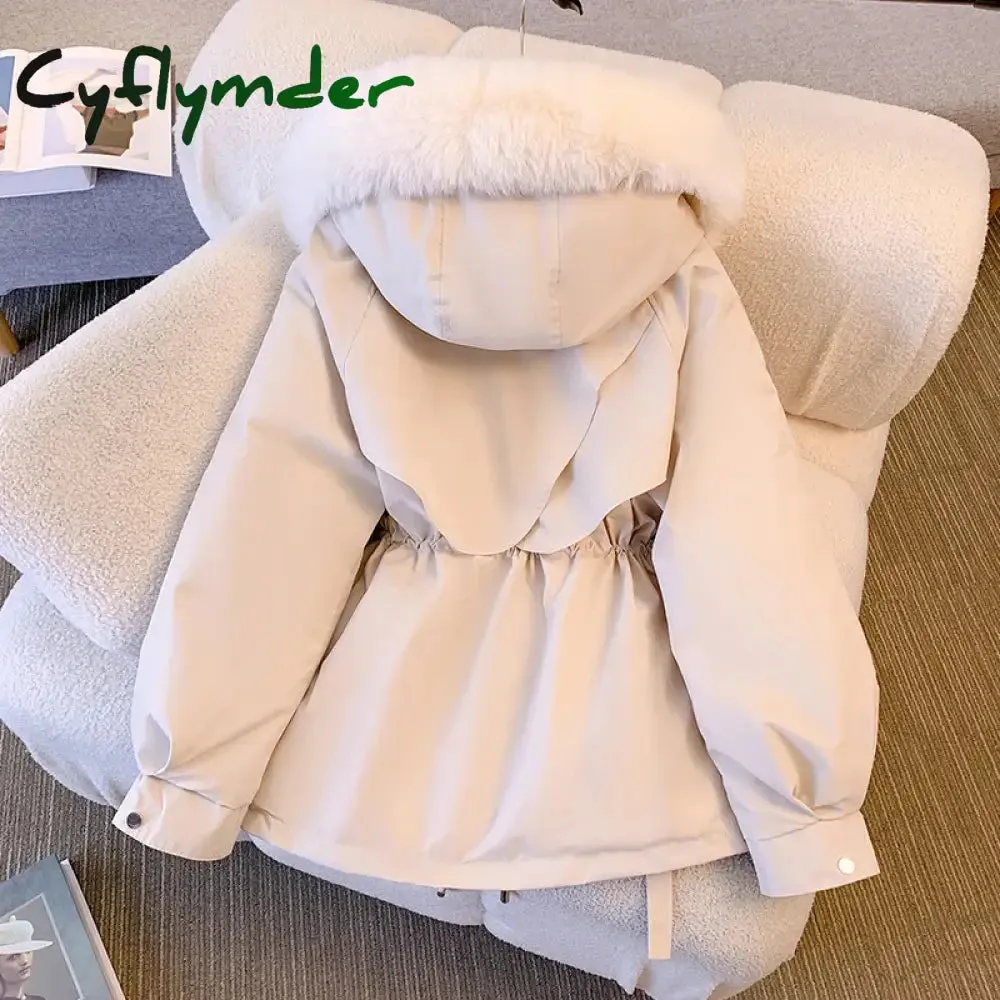 Cyflymder Fleece Lined Hood Down Jacket Winter Coat for Women Warm Drawstring Padded Parkas Korean Casual Streetwear Female Puffer Outwear