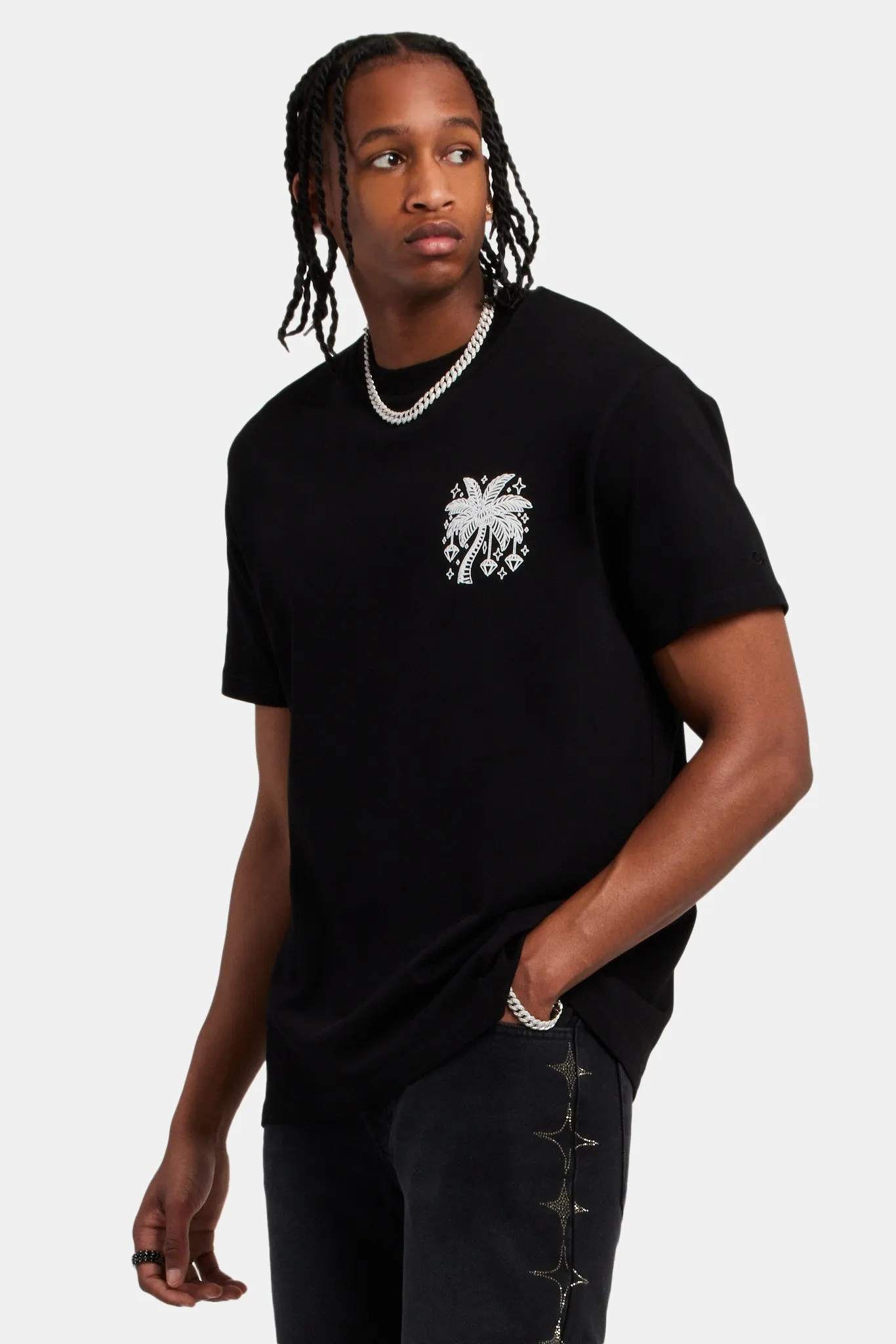 Diamond Palm Outline Oversized T-Shirt - Black