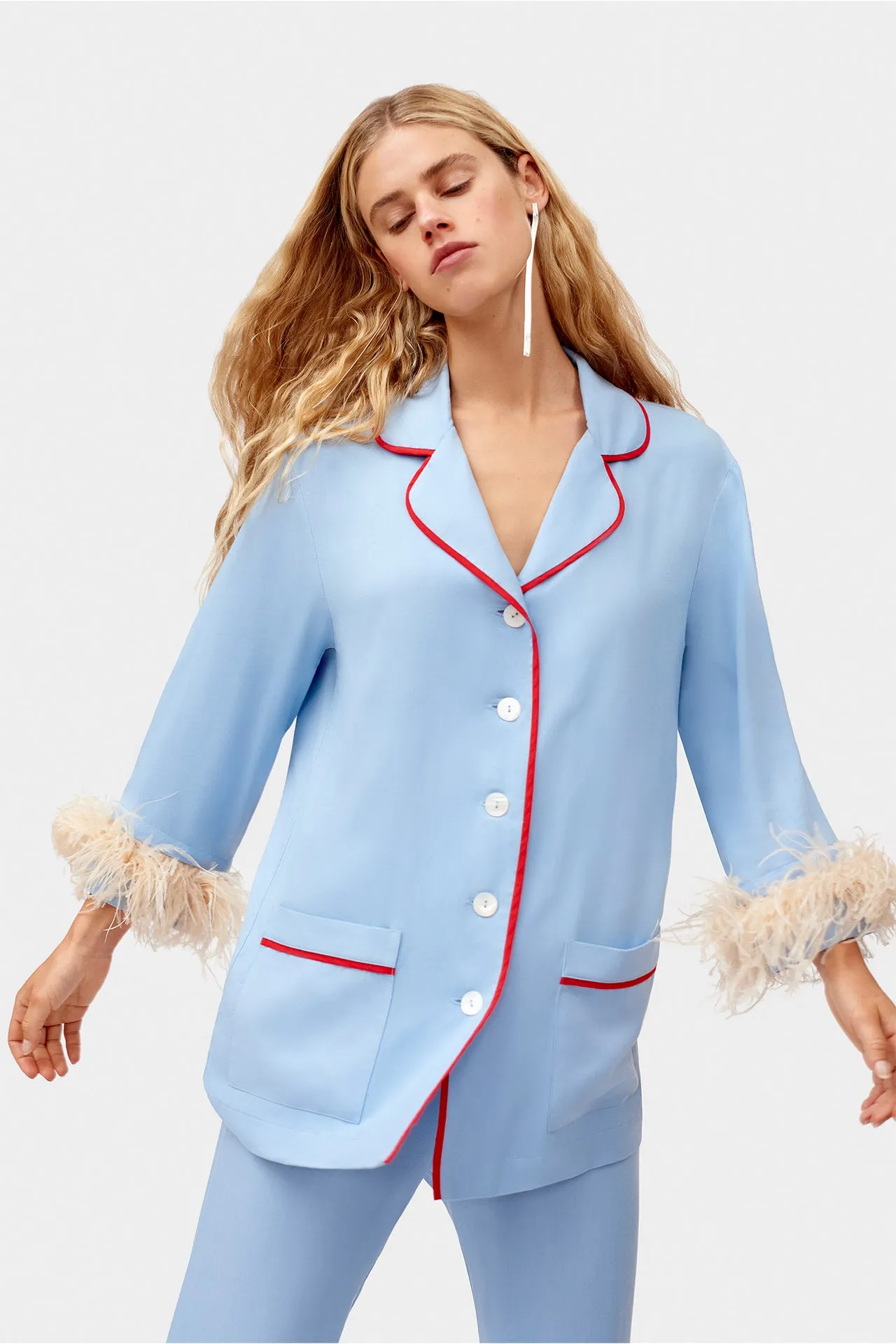 Dust Blue Party Pajama Set with Detachable Feathers