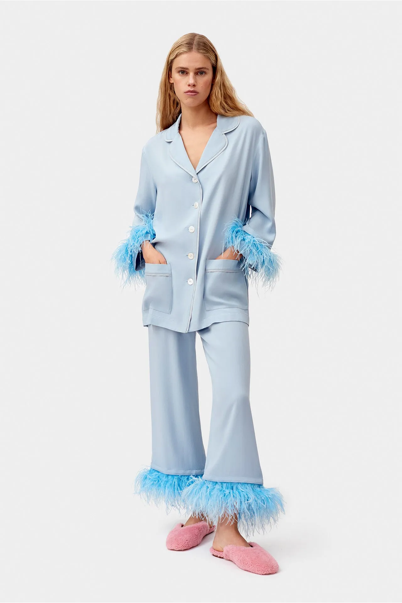 Dust Blue Party Pajama Set with Detachable Feathers