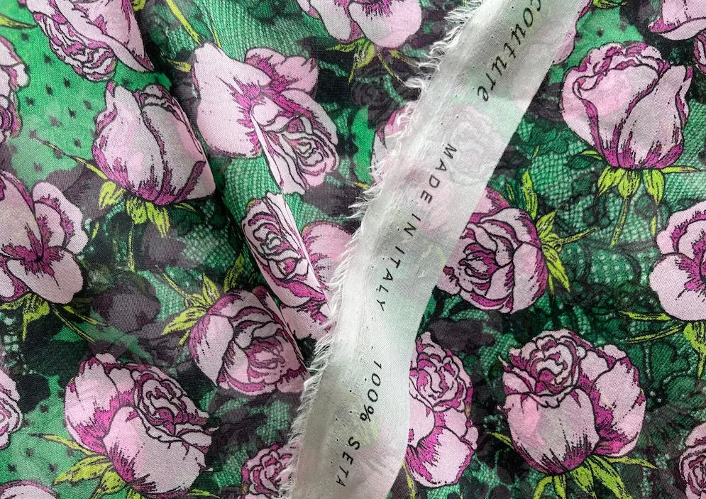 Emanuel Ungaro Pink Roses & Emerald Lace Silk Chiffon (Made in Italy)