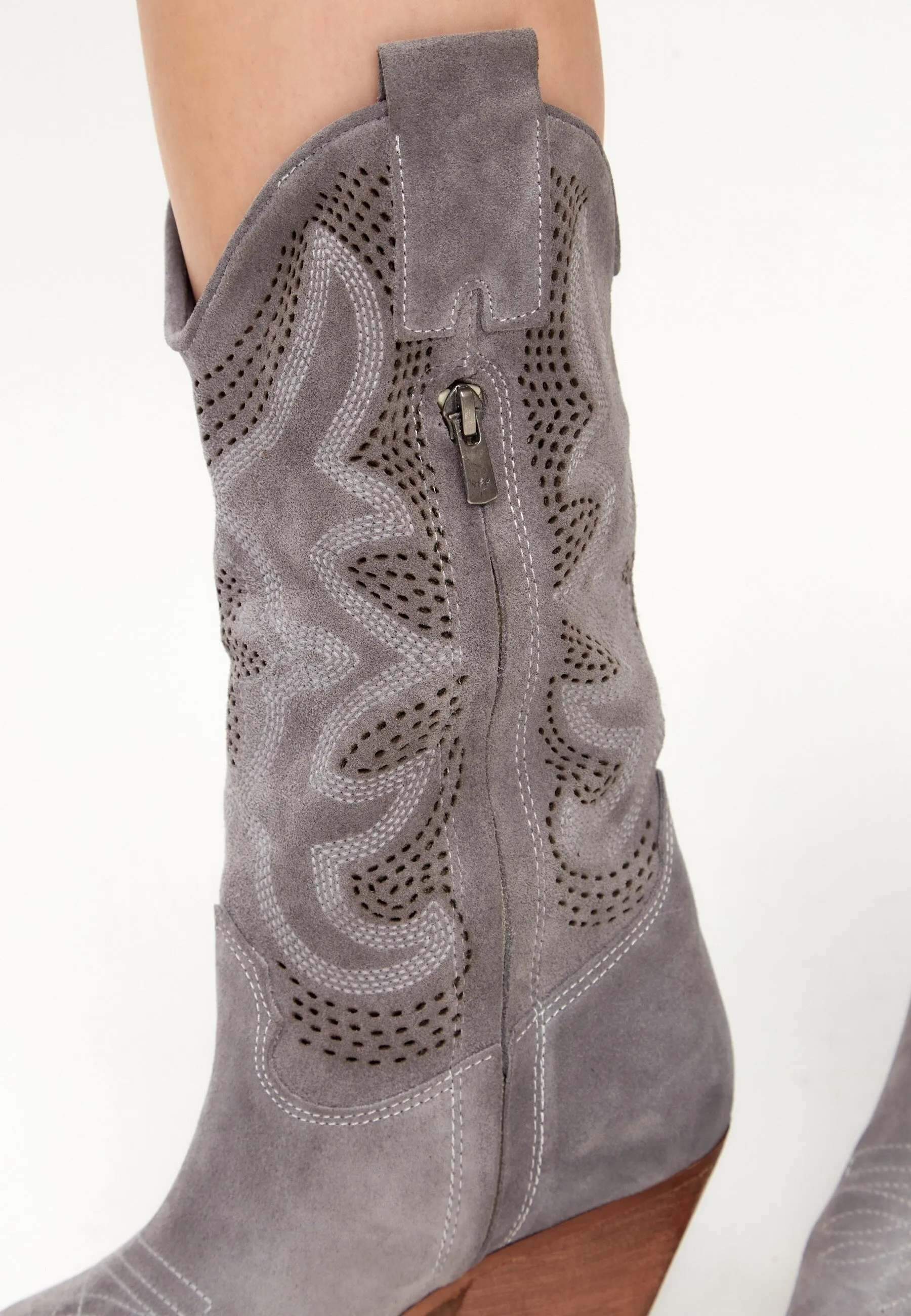 Embroidered Leather Cowboy Boots - Gray