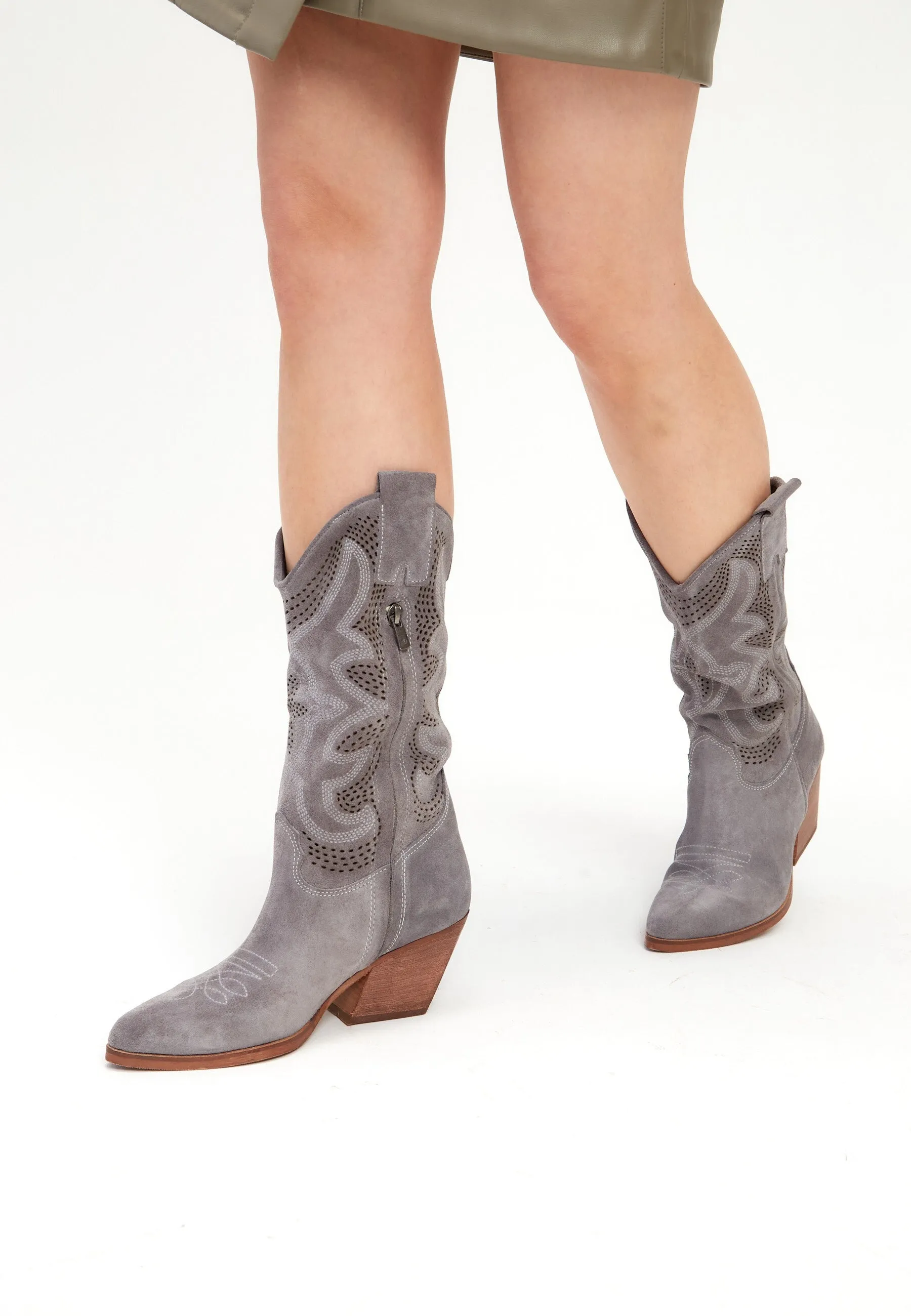 Embroidered Leather Cowboy Boots - Gray