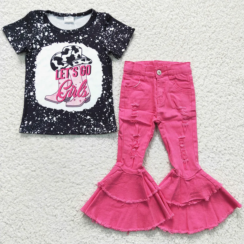 Fashion Baby Girls Clothes Short Sleeve T-shirt Ruffle Denim Bell Pants Jeans Outfits GSPO0497