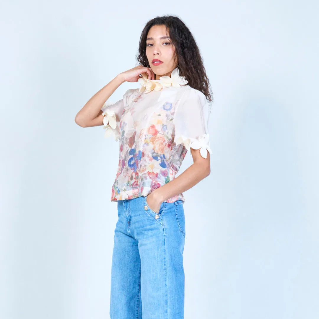 Floral sheer blouse with appliqué details wholesale