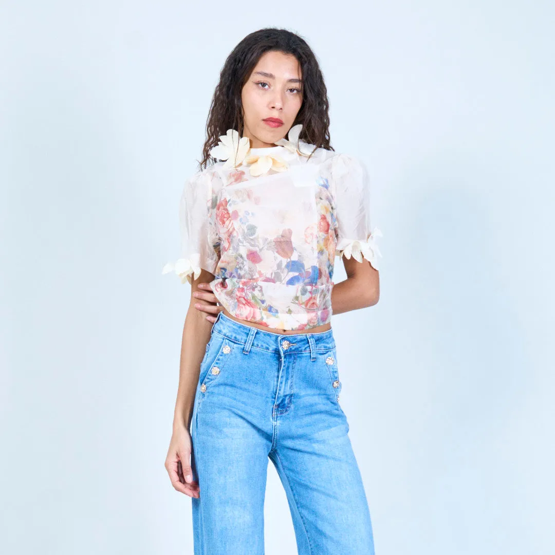 Floral sheer blouse with appliqué details wholesale