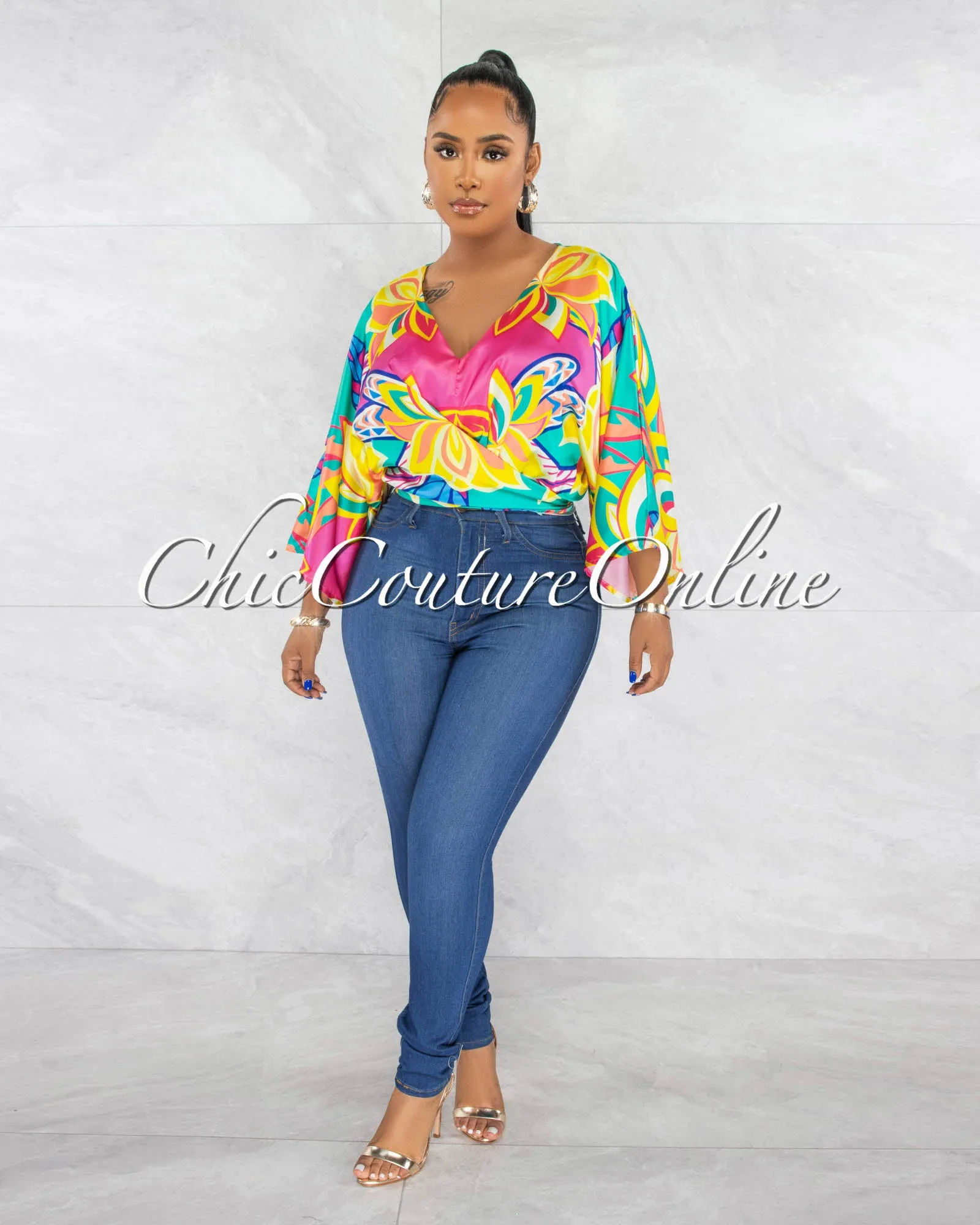 Francina Multi Color Wide Sleeves Front Tie Silky Top