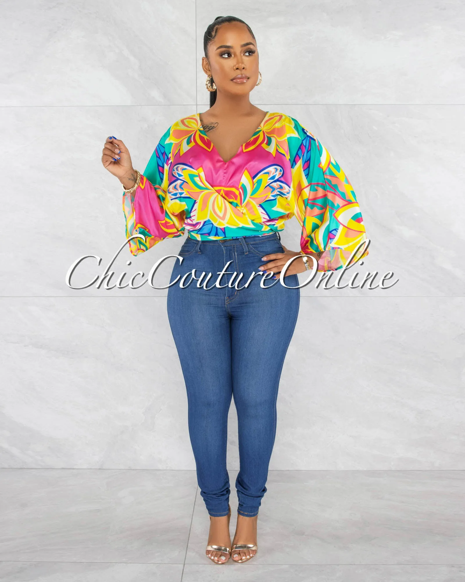 Francina Multi Color Wide Sleeves Front Tie Silky Top