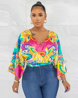 Francina Multi Color Wide Sleeves Front Tie Silky Top