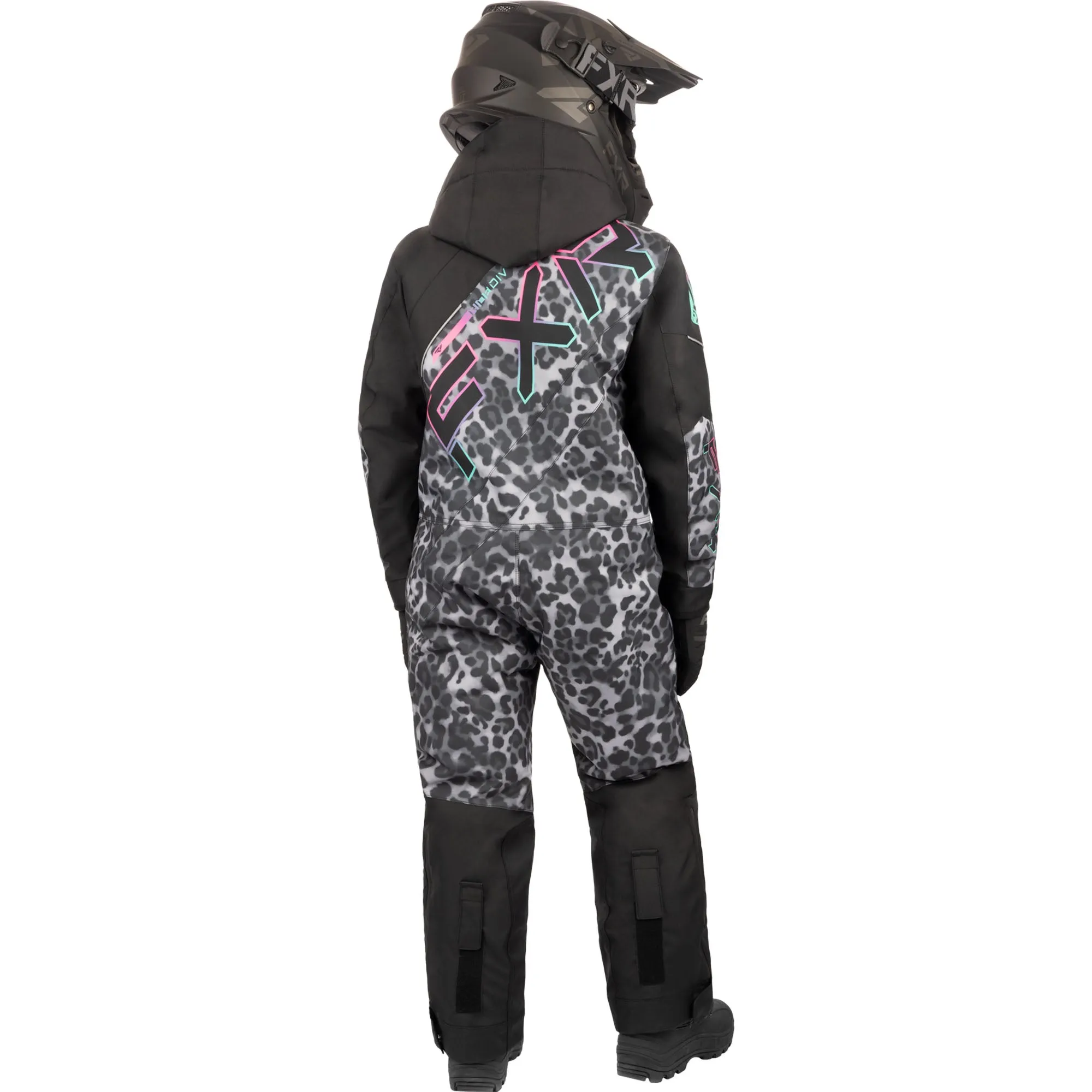 FXR Child CX Snowmobile Monosuit Black Cheetah/Mint-E Pink