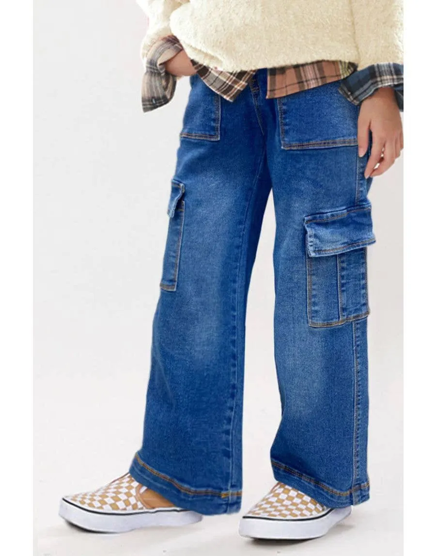 Girl's Premium Denim Cargo Jeans w/ Pork Chop