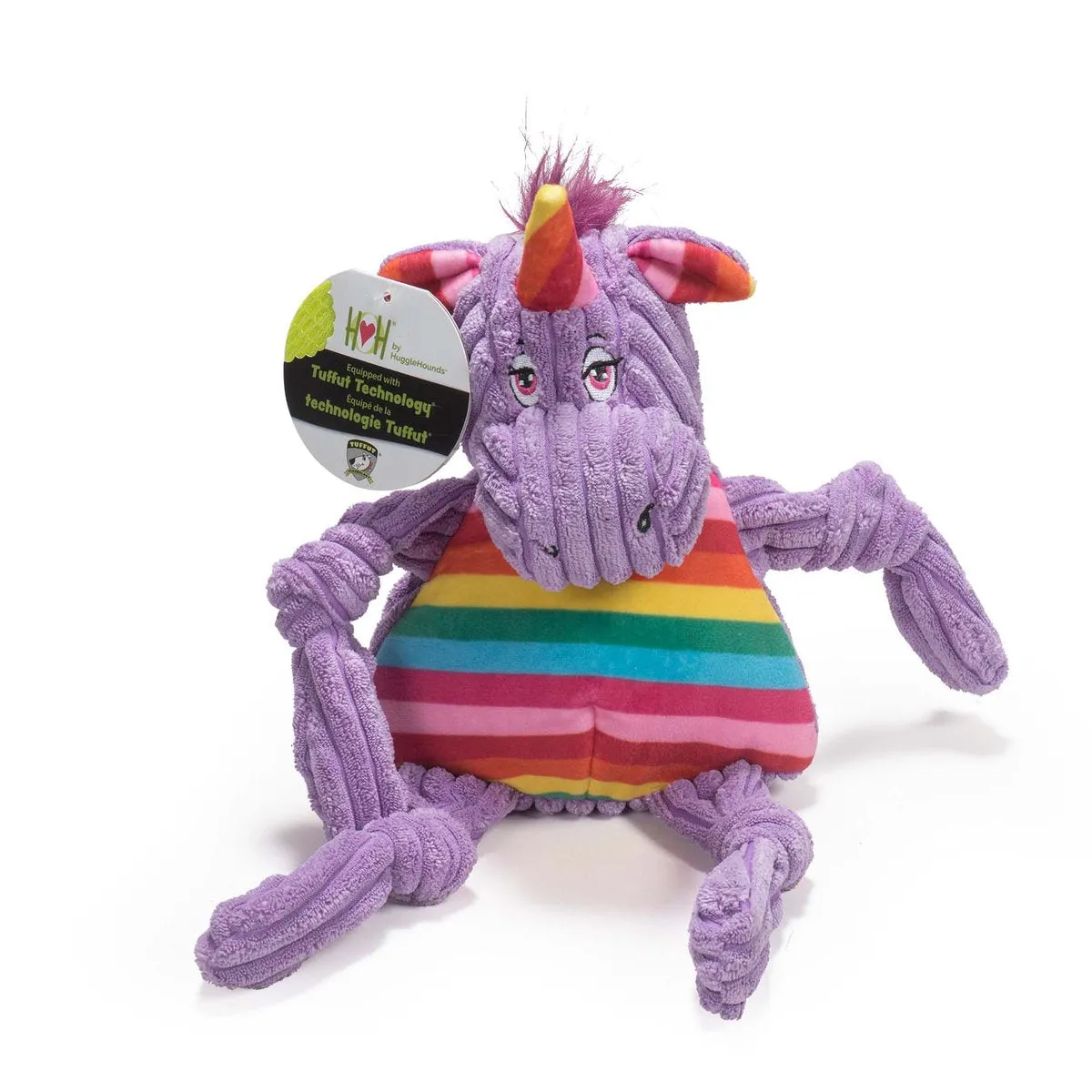 HuggleHounds Knottie Rainbow Durable Squeaky Plush Dog Toy, Unicorn