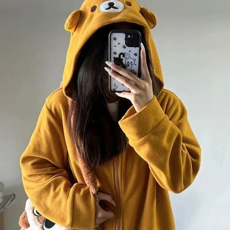 Joskaa Kawaii Zip Up Hoodies Women Oversized Japanese Girl Preppy Style Cute Bear Sweatshirts Sweet Lolita Embroidered Tops