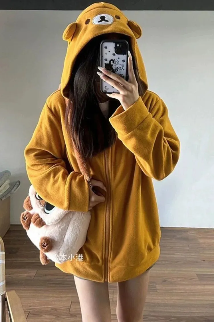 Joskaa Kawaii Zip Up Hoodies Women Oversized Japanese Girl Preppy Style Cute Bear Sweatshirts Sweet Lolita Embroidered Tops