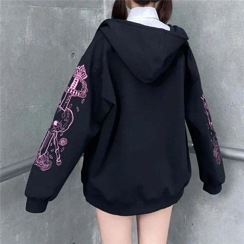 Joskaa Zip Up Hoodies Women Punk Goth Long Sleeve Printed Sweatshirt Autumn Streetwear Oversized Black Female Hoodie Jackets