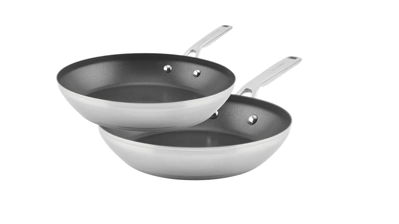 KitchenAid 3-Ply Base Stainless Steel Nonstick Frying Pan, 9.5-Inch & 12-inch 2pk, Brushed Stainless Steel