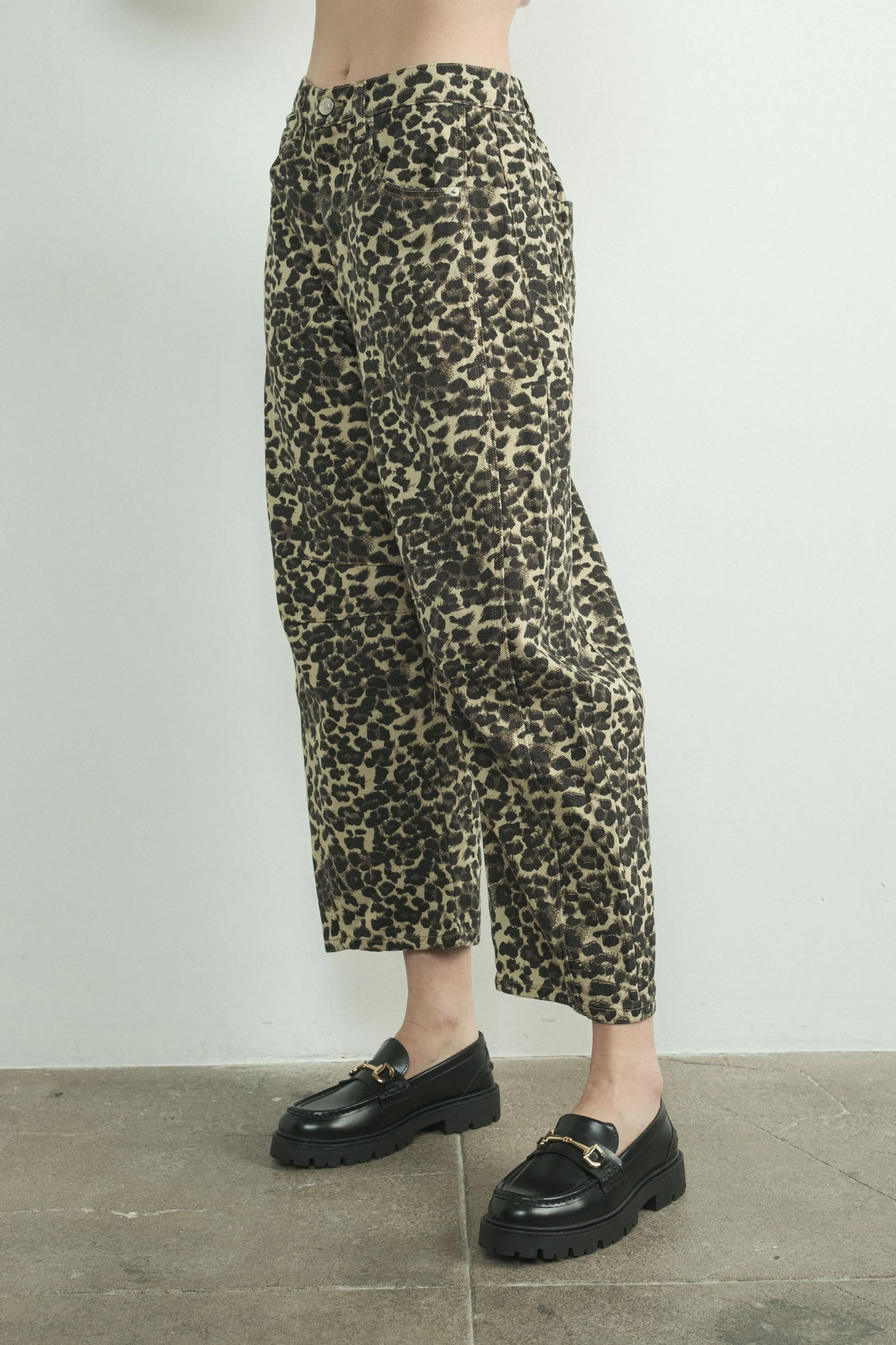 Leopard Mid Rise Barrel Slouchy Jean