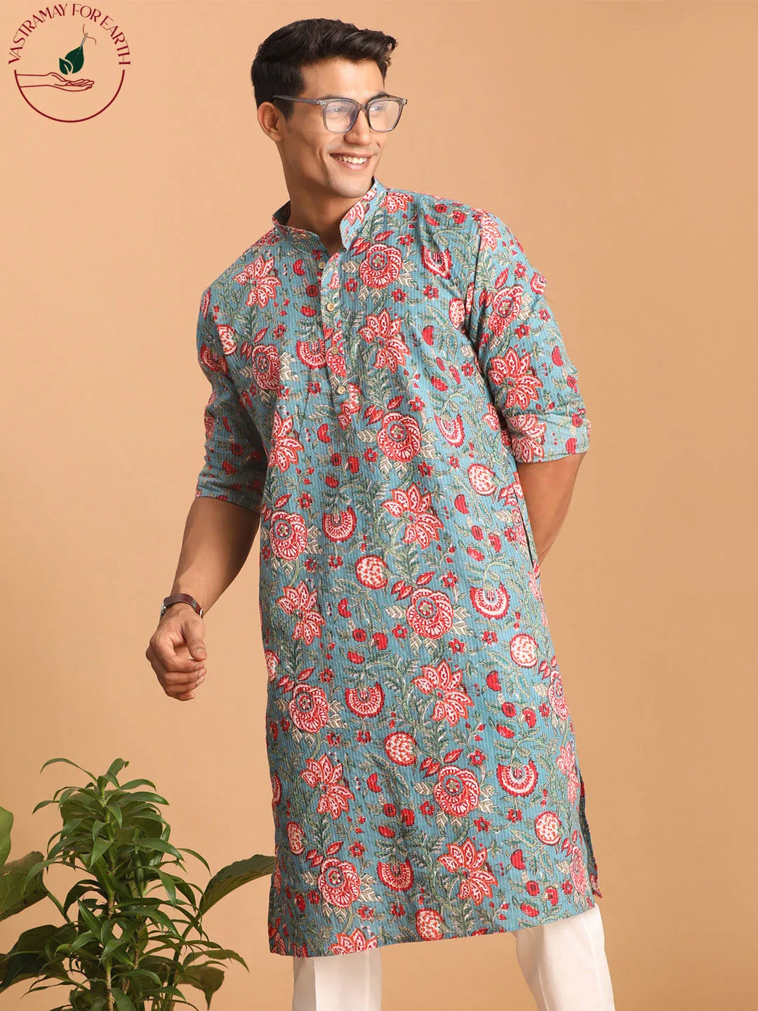 Men's Blue and Red Floral Cotton Kurta