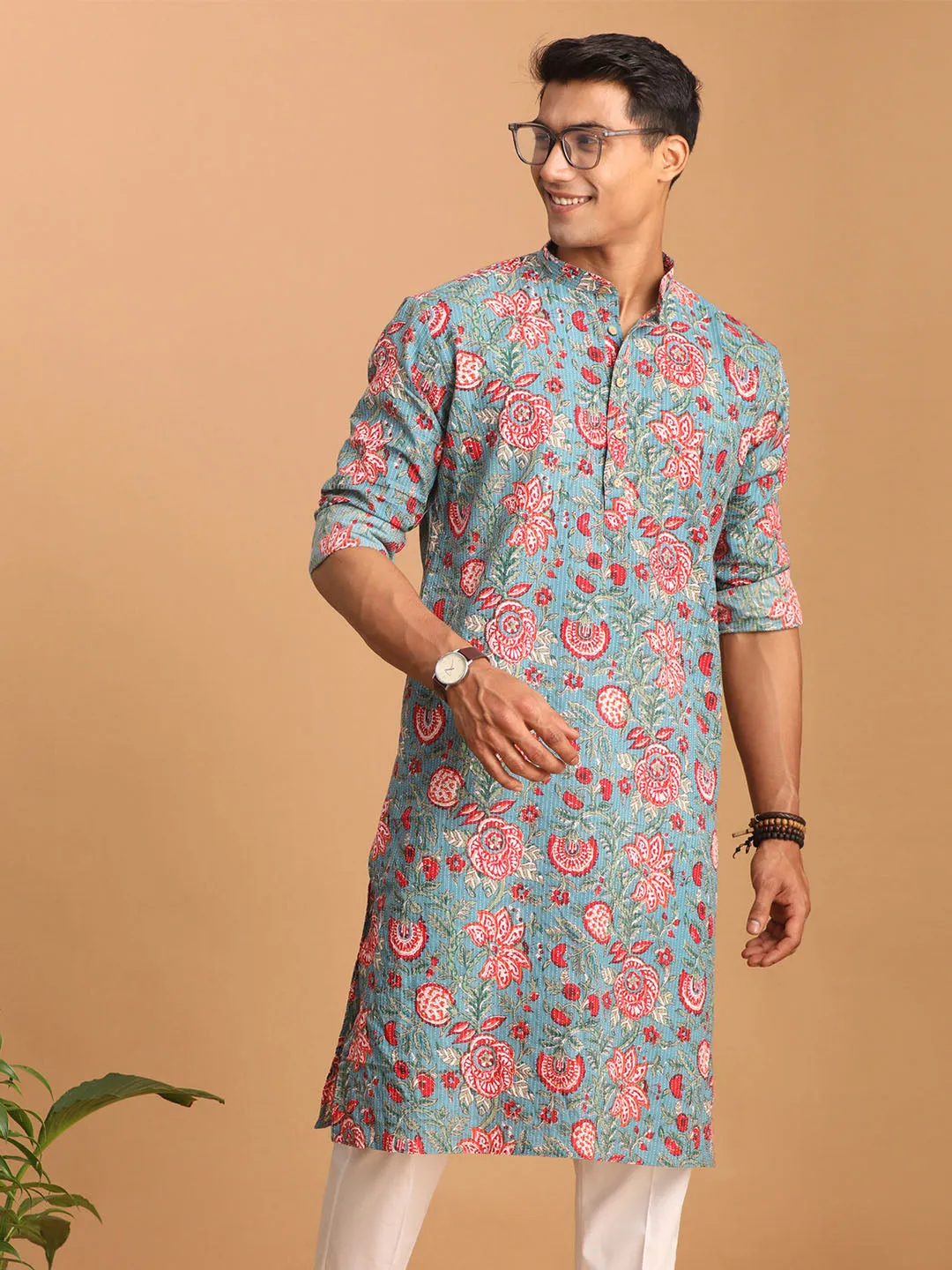 Men's Blue and Red Floral Cotton Kurta