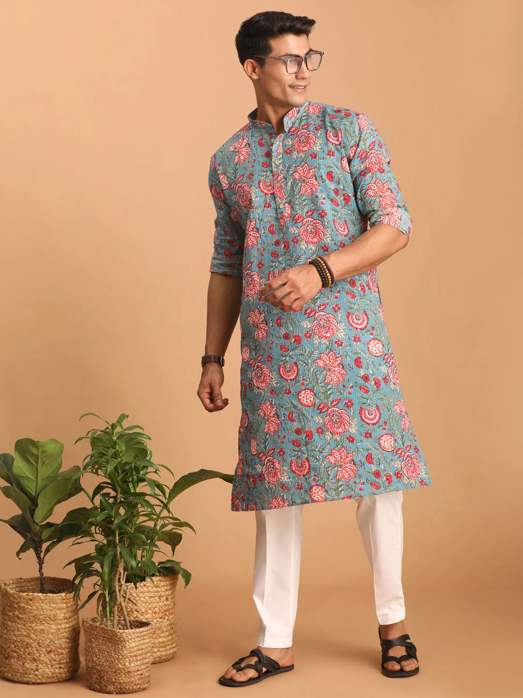 Men's Blue and Red Floral Cotton Kurta