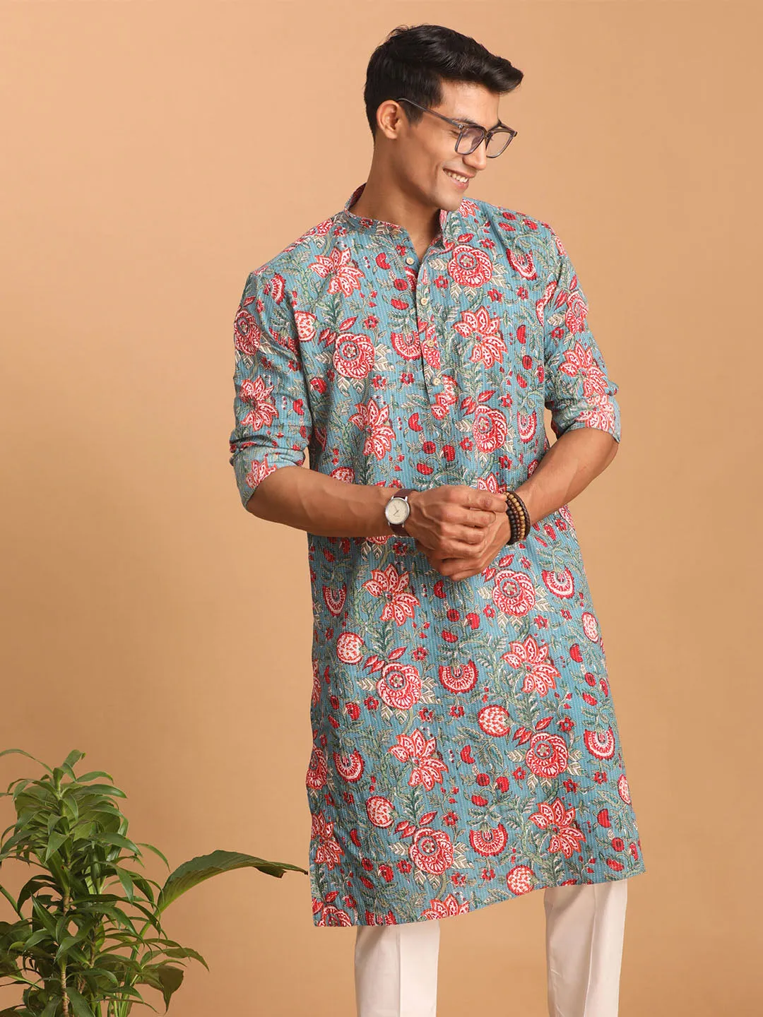 Men's Blue and Red Floral Cotton Kurta