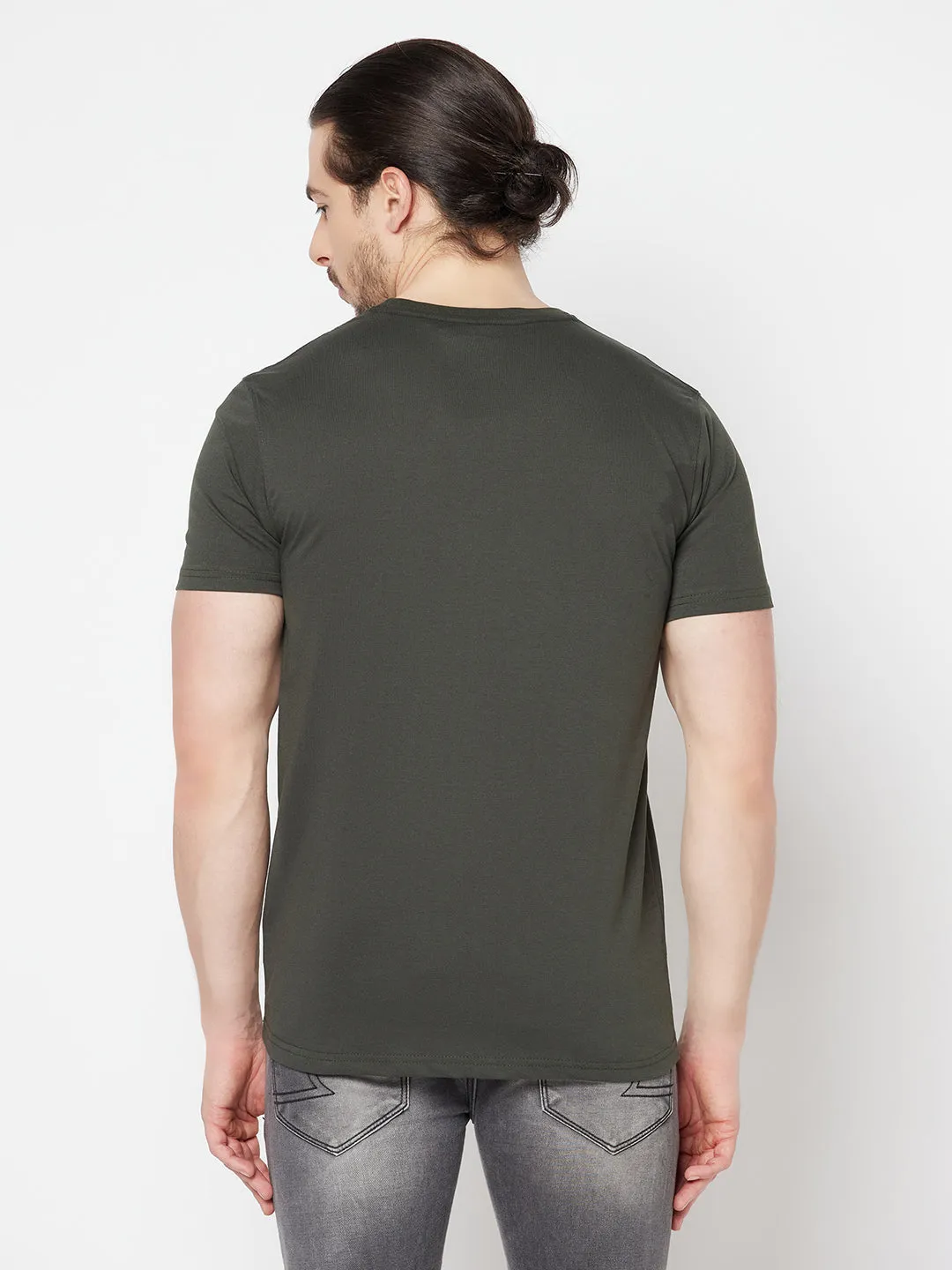 Men's Bottle Green Round neck Half Sleeve T-Shirt with Print