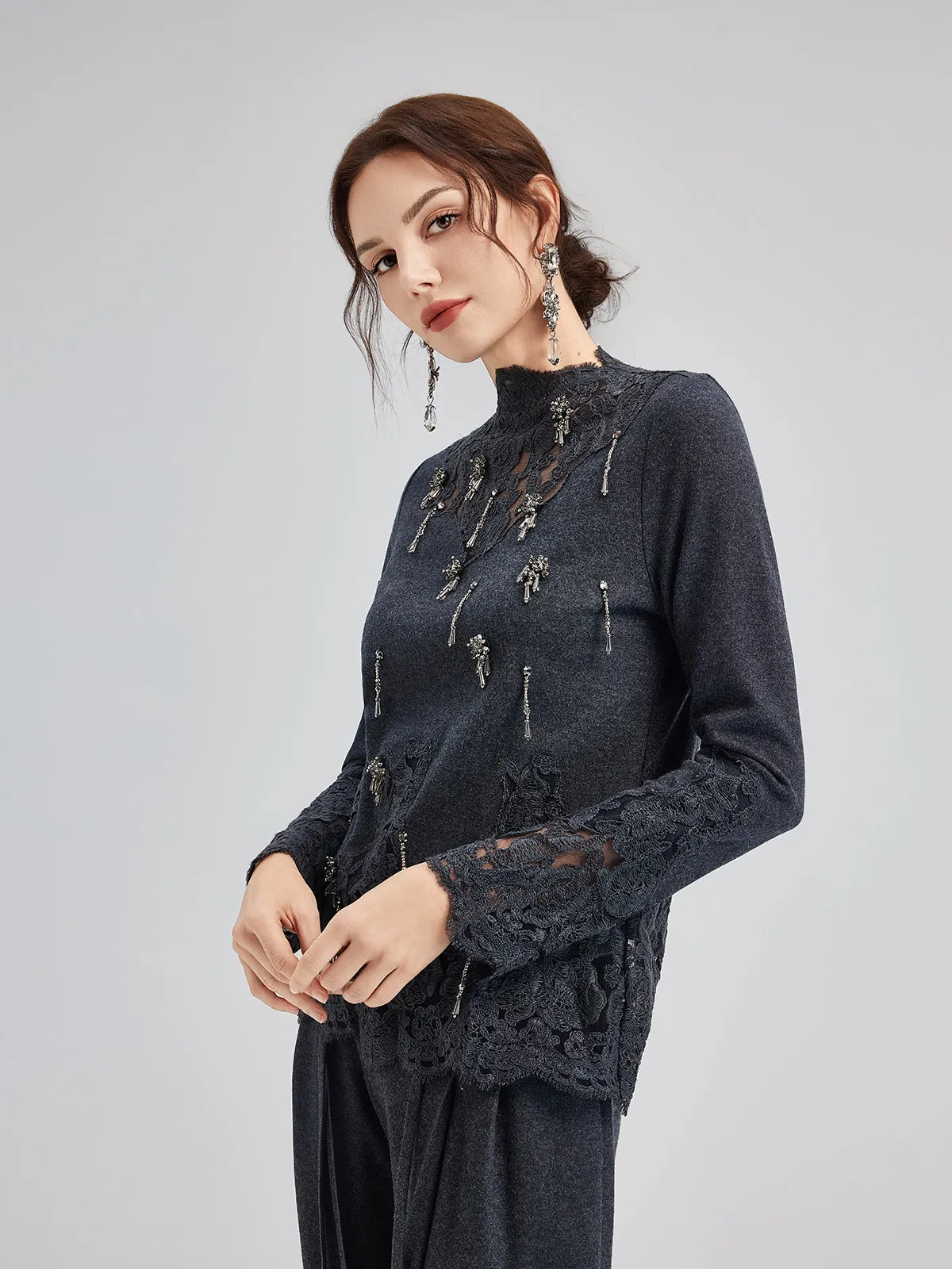 Merino Wool Lace Beaded Knit Top